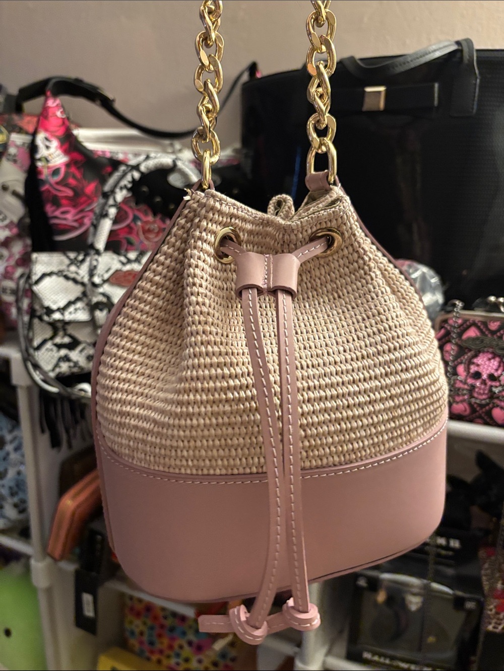 ANNA PAOLA NEA AUTH Woven & Leather MINI Drawstring Bucket Bag